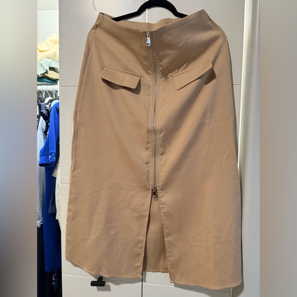 Tan Midi Skirt with Front Zipper